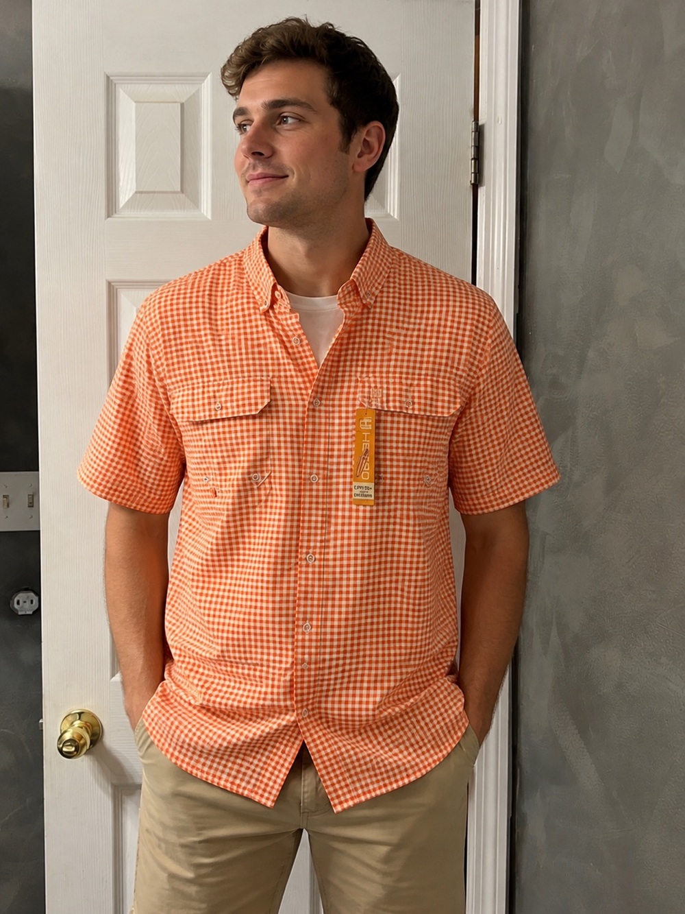 Heybo Outdoors Men’s Sm Orange & White Gingham Performance Button-Up Shirt NWT